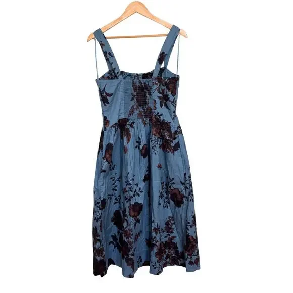Free People Laters Baby Denim Blue Floral Midi Dress Storm Combo Size L Boho - Picture 5 of 9